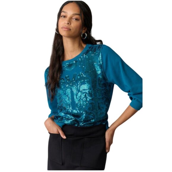 Anthropologie Teal Sparkly Sequin Ribbed Sweatshirt - Picture 2 of 7